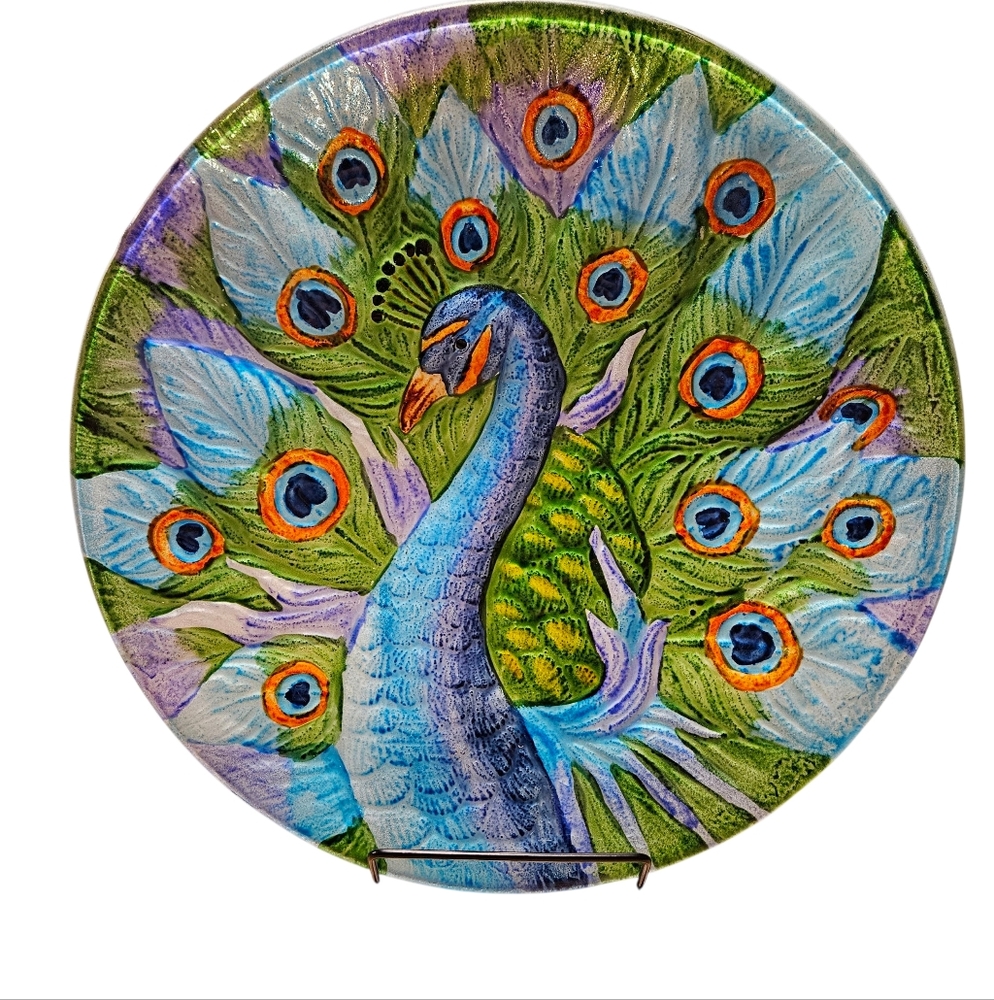 Reverse Painted Glass Peacock Decorative Plate Shallow Bird Bath EUC! 11.75 In.